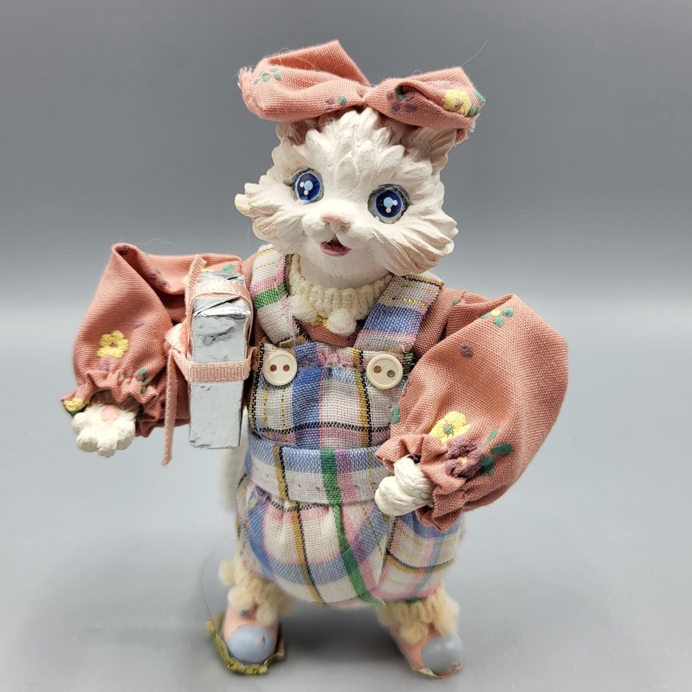 Vintage Victoria Impex White Cat Doll Anthropomorphic Figurine Plaid Outfit 4"